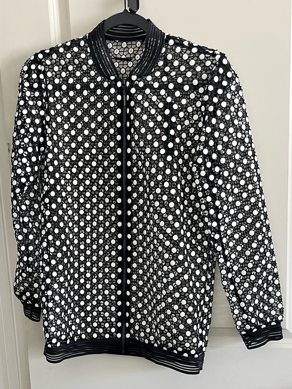 NWT Elie Tahari Gilana Mesh Bomber Jacket Black White polka dots Size S